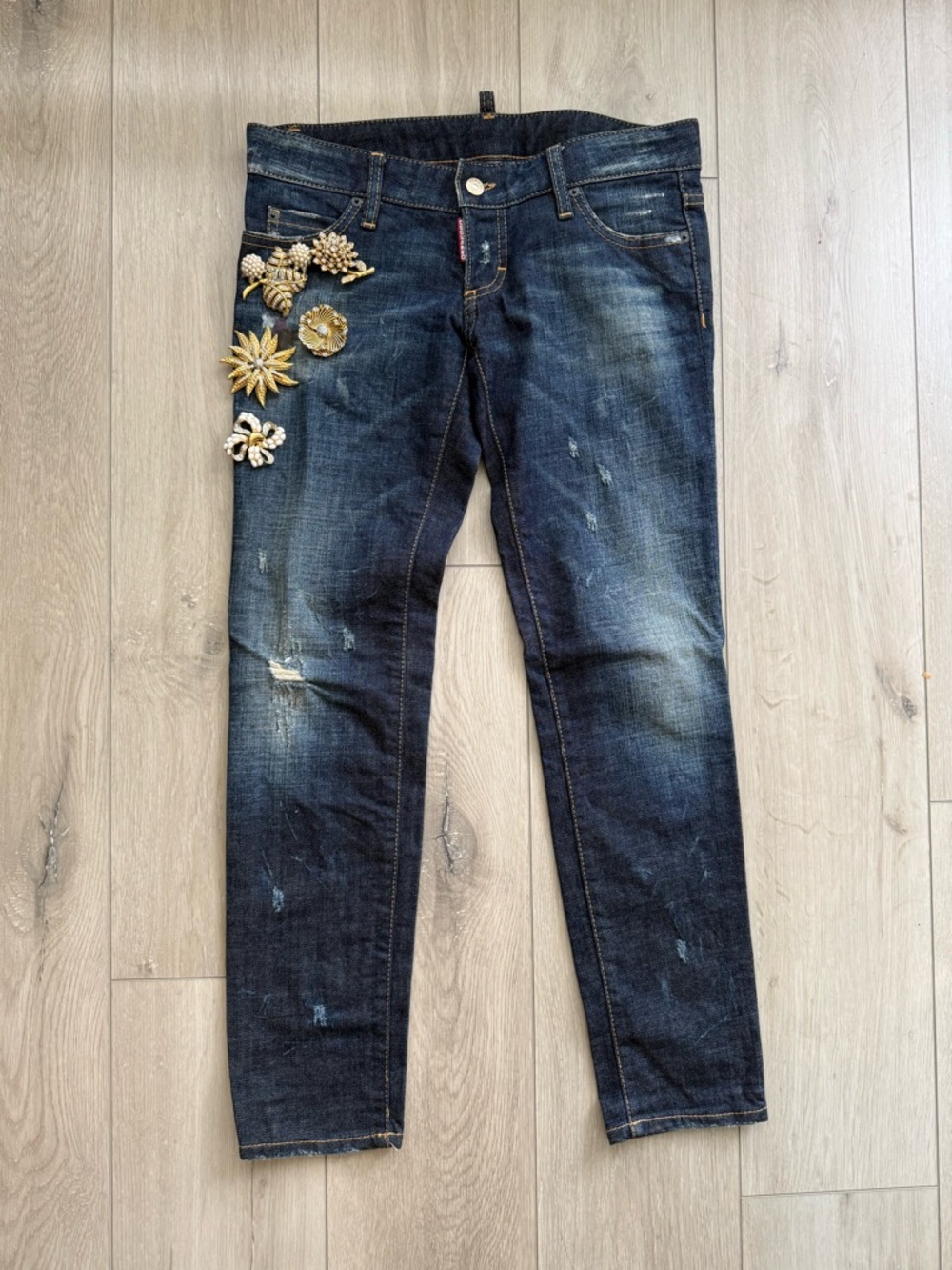 DSQUARED2 Dark Blue Skinny Jeans with Gold Floral Embellishments. Size 40